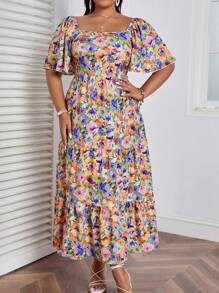 SHEIN VCAY 大碼滿版印花後背繫帶荷葉邊連衣裙 - 彩色 - 查看 4