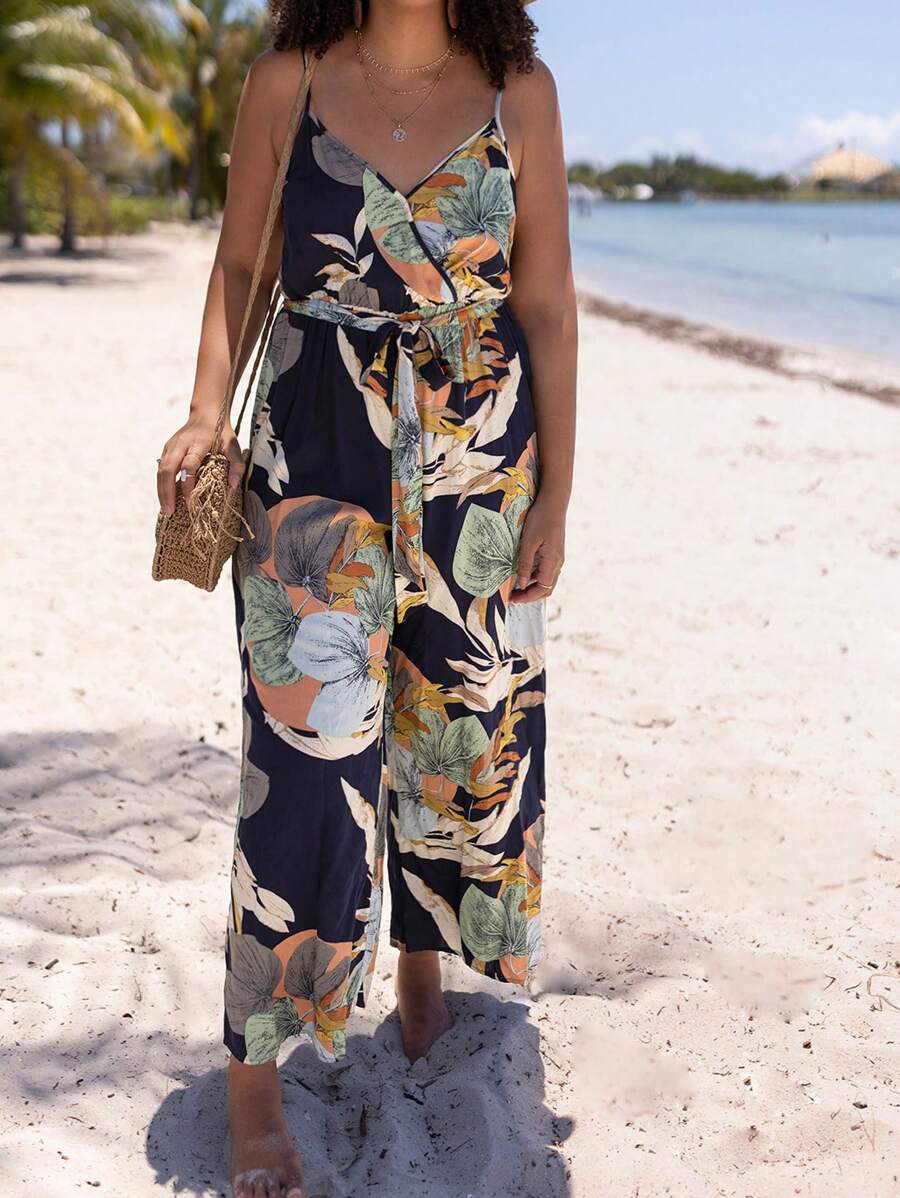 SHEIN VCAY 大碼熱帶圖案腰帶吊帶連體褲 - 彩色 - 查看 1