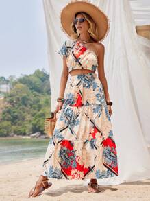 SHEIN VCAY Bộ đồ hai mảnh nữ viền lá sen Viên lá sen Tách cao Paisley Boho - Nhiều màu - Xem 1