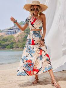 SHEIN VCAY Bộ đồ hai mảnh nữ viền lá sen Viên lá sen Tách cao Paisley Boho - Nhiều màu - Xem 2