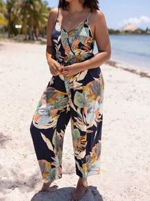 SHEIN VCAY 大碼熱帶圖案腰帶吊帶連體褲 - 彩色 - 查看 4