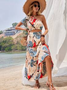 SHEIN VCAY Bộ đồ hai mảnh nữ viền lá sen Viên lá sen Tách cao Paisley Boho - Nhiều màu - Xem 6