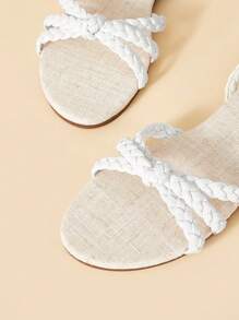 SheIn VCAY 女士編織細節踝帶平底涼鞋,度假夏天平底涼鞋 - 白色 - 查看 4