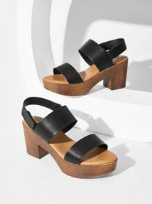 SheIn VCAY 女式雙綁帶粗跟涼鞋，優雅黑色露跟涼鞋