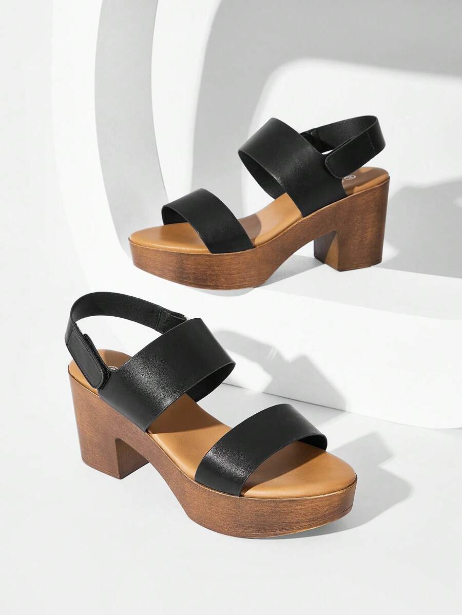 SheIn VCAY 女式雙綁帶粗跟涼鞋，優雅黑色露跟涼鞋