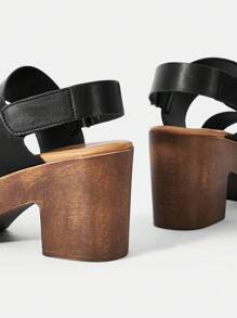 SheIn VCAY 女式雙綁帶粗跟涼鞋，優雅黑色露跟涼鞋