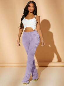 SHEIN SXY 素色紋理質感直筒褲 - 紫丁香色 - 查看 3