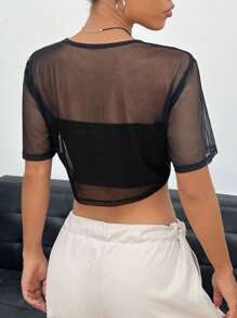 SHEIN EZwear 素色下擺打結短款網紗上衣不附帶抹胸 - 黑色 - 查看 2