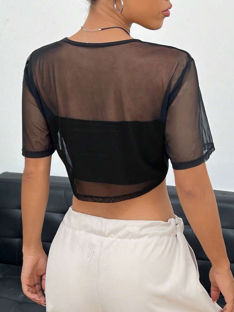 SHEIN EZwear Top unicolor bajo con nudo crop de malla sin bandeau - Negro - Añade 2
