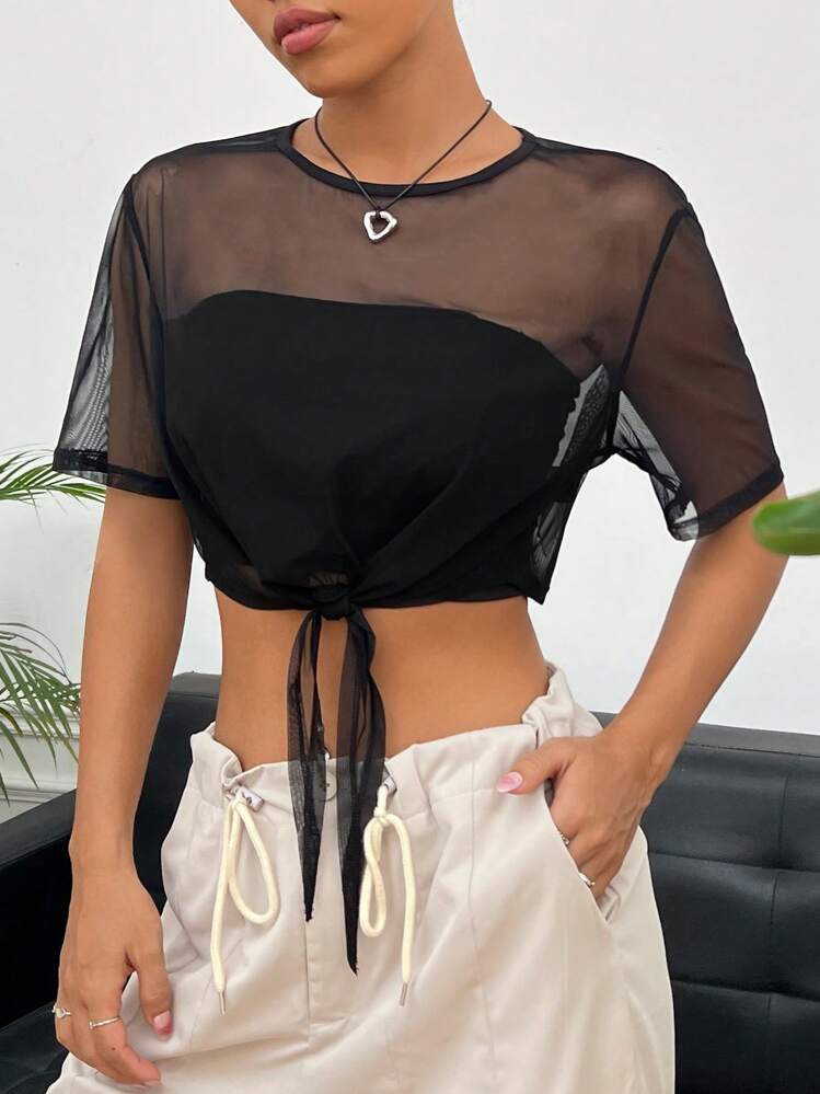 SHEIN EZwear Top unicolor bajo con nudo crop de malla sin bandeau - Negro - Añade 3