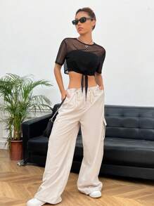 SHEIN EZwear 素色下擺打結短款網紗上衣不附帶抹胸 - 黑色 - 查看 5