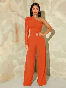 SHEIN SXY Mono de pierna ancha de un hombro de malla en contraste - Naranja - Ver 1