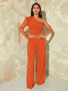 SHEIN SXY Mono de pierna ancha de un hombro de malla en contraste - Naranja - Ver 3