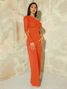 SHEIN SXY Mono de pierna ancha de un hombro de malla en contraste - Naranja - Ver 4