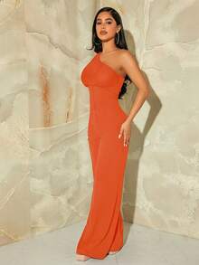 SHEIN SXY Mono de pierna ancha de un hombro de malla en contraste - Naranja - Ver 5