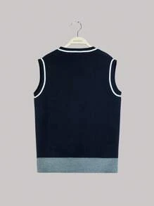SOLOCOTE Tween Boy Rhombus Pattern Stripe Trim Sweater Vest - Navy Blue - View 2