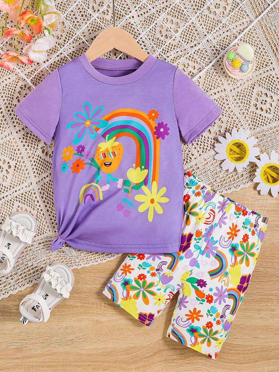 SHEIN Niñas Shorts con camiseta de arcoíris & con estampado floral - Multicolor - Ver 1