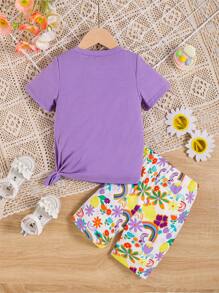 SHEIN Niñas Shorts con camiseta de arcoíris & con estampado floral - Multicolor - Ver 2