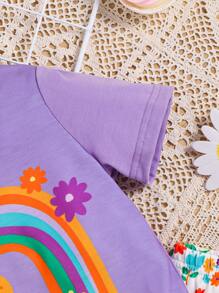 SHEIN Niñas Shorts con camiseta de arcoíris & con estampado floral - Multicolor - Ver 3