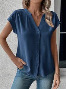 SHEIN LUNE Solid Batwing Sleeve Button Front Blouse - Navy Blue - View 3