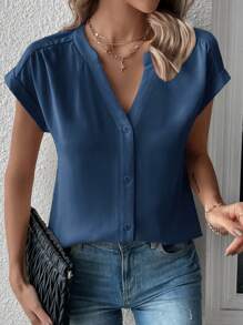 SHEIN LUNE Solid Batwing Sleeve Button Front Blouse - Navy Blue - View 6