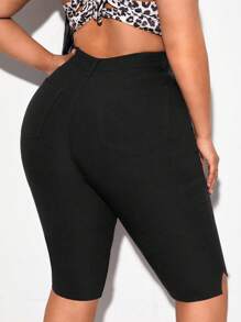 SHEIN SXY 鈕扣 口袋 開衩 拉鍊純色大碼牛仔褲 - 黑色 - 查看 3