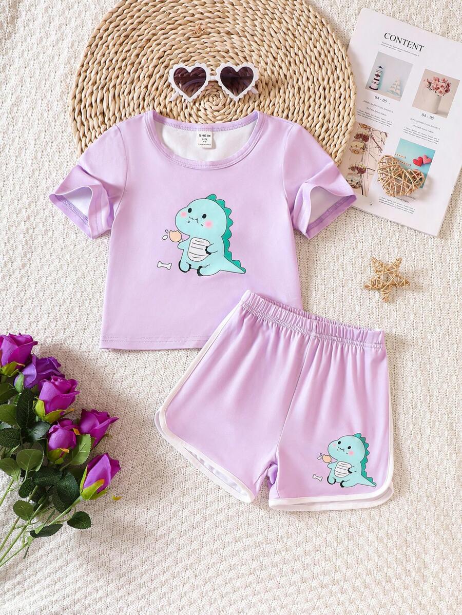 Toddler Girls Cartoon Graphic Tee & Contrast Binding Shorts - Purple - View 1