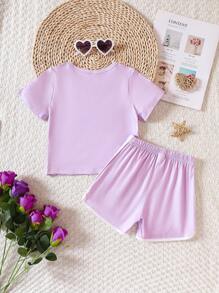 Toddler Girls Cartoon Graphic Tee & Contrast Binding Shorts - Purple - View 2