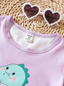 Toddler Girls Cartoon Graphic Tee & Contrast Binding Shorts - Purple - View 4