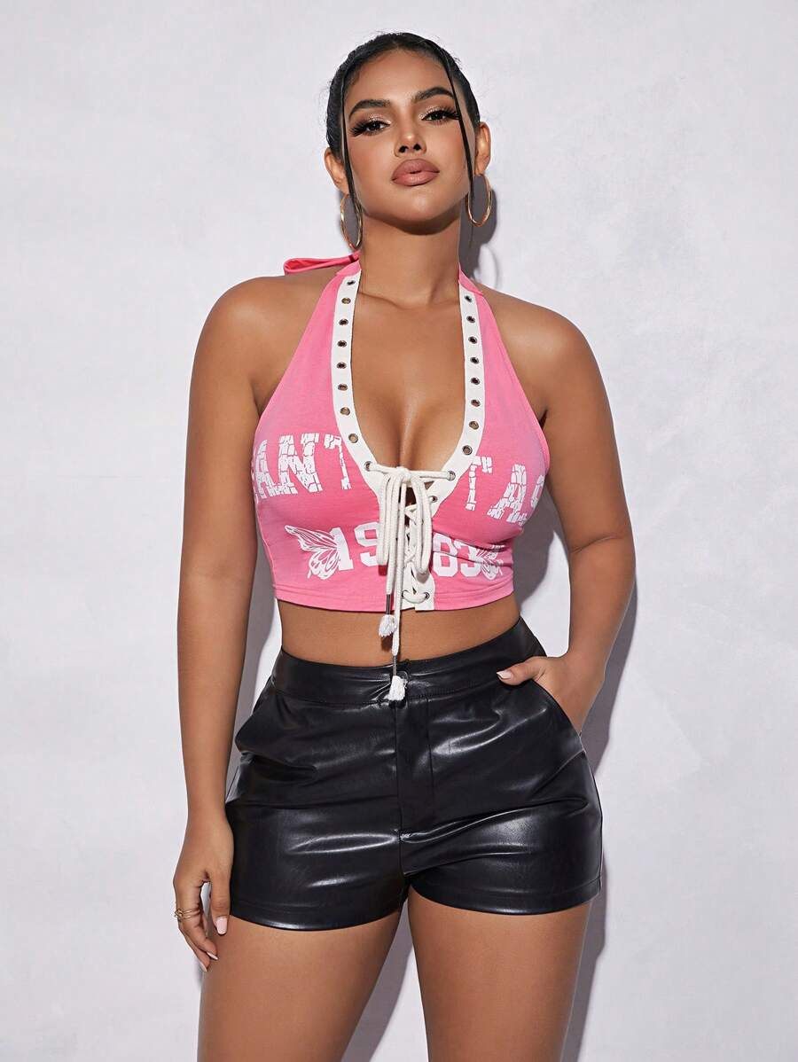 SHEIN SXY Letter Graphic Grommet Lace Up Front Halter Top - Pink - View 1