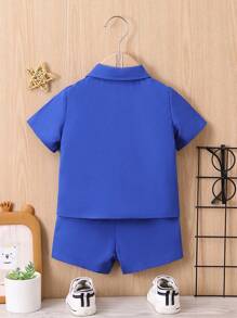 SHEIN Baby Boy Solid Button Front Shirt & Shorts Without Tee - Royal Blue - View 2