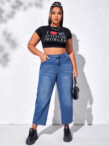 SHEIN EZwear Plus High Waist Mom Fit Jeans - Dark Wash - View 3