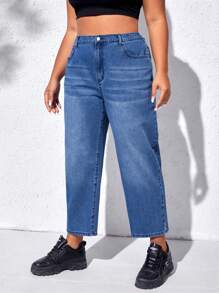 SHEIN EZwear Plus High Waist Mom Fit Jeans - Dark Wash - View 1