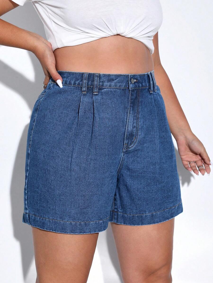 SHEIN EZwear Quần short denim oversized Nút Túi Dây kéo màu trơn - Rửa tối - Xem 1
