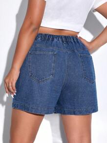SHEIN EZwear Quần short denim oversized Nút Túi Dây kéo màu trơn - Rửa tối - Xem 3