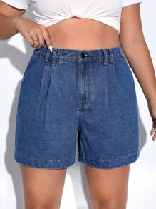 SHEIN EZwear Quần short denim oversized Nút Túi Dây kéo màu trơn - Rửa tối - Xem 4