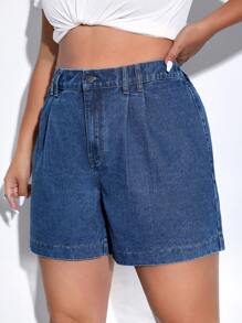 SHEIN EZwear Quần short denim oversized Nút Túi Dây kéo màu trơn - Rửa tối - Xem 5