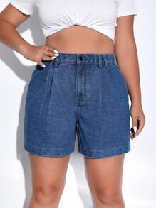 SHEIN EZwear Quần short denim oversized Nút Túi Dây kéo màu trơn - Rửa tối - Xem 6