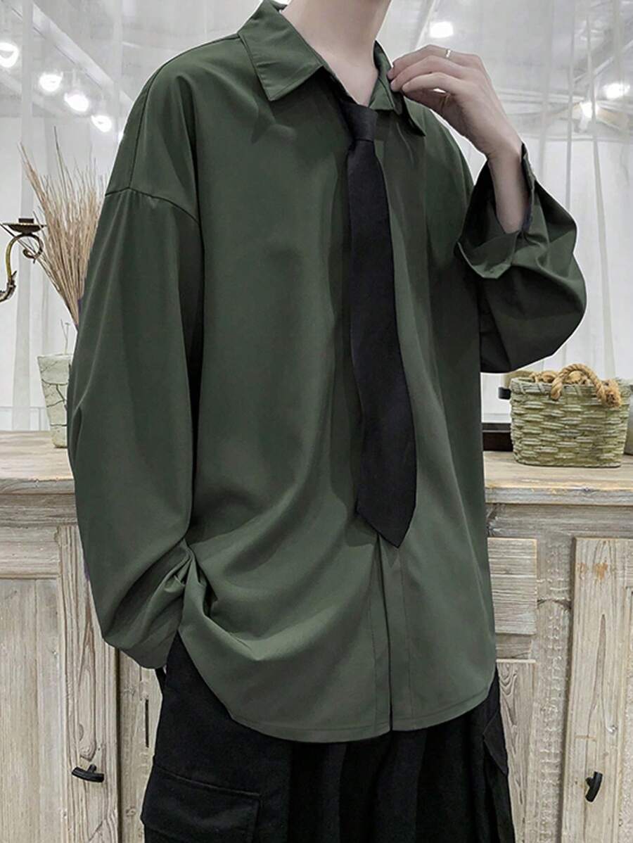 Claim Dot Loose Fit Men's Solid Color Drop Shoulder Shirt Without Tie, For Fall, Long Sleeve Top - Dark Green - View 1