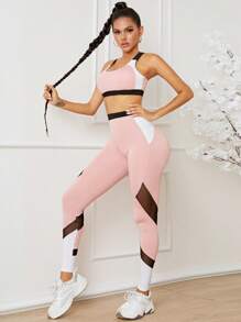 Yoga Futuristic 撞色網紗拼接拼接運動套裝 - 彩色 - 查看 1