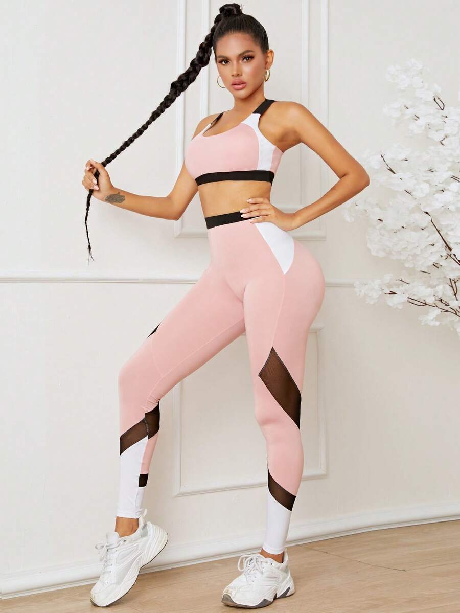 Yoga Futuristic 撞色網紗拼接拼接運動套裝 - 彩色 - 查看 1