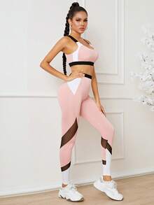 Yoga Futuristic 撞色網紗拼接拼接運動套裝 - 彩色 - 查看 5