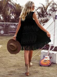 SHEIN LUNE Áo khoác nữ mép màu trơn Boho - màu đen - Xem 2