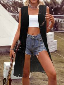 SHEIN LUNE Áo khoác nữ mép màu trơn Boho - màu đen - Xem 3