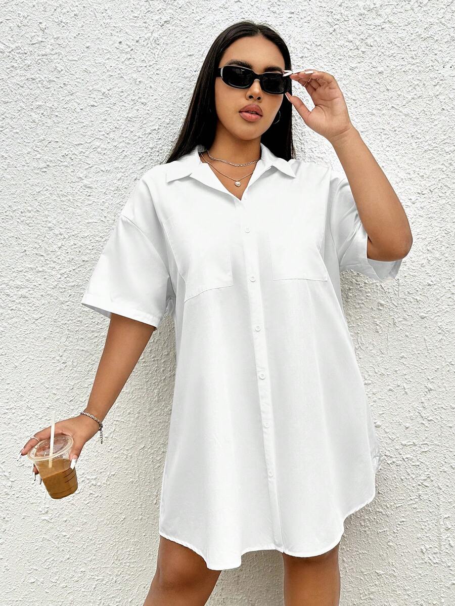 SHEIN EZwear 大碼落肩袖口袋貼布襯衫連衣裙 - 白色 - 查看 1