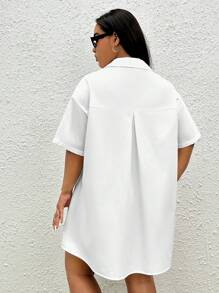 SHEIN EZwear 大碼落肩袖口袋貼布襯衫連衣裙 - 白色 - 查看 2