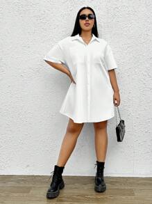 SHEIN EZwear 大碼落肩袖口袋貼布襯衫連衣裙 - 白色 - 查看 3