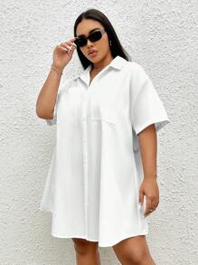 SHEIN EZwear 大碼落肩袖口袋貼布襯衫連衣裙 - 白色 - 查看 4