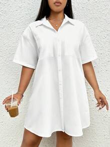 SHEIN EZwear 大碼落肩袖口袋貼布襯衫連衣裙 - 白色 - 查看 5