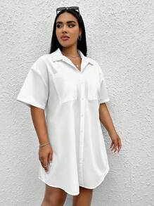 SHEIN EZwear 大碼落肩袖口袋貼布襯衫連衣裙 - 白色 - 查看 6